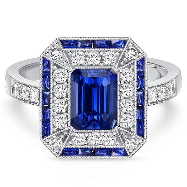 Art Deco Emerald Cut Blue Sapphire Engagement Ring in Sterling Silver