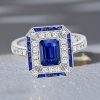 Art Deco Emerald Cut Blue Sapphire Engagement Ring in Sterling Silver