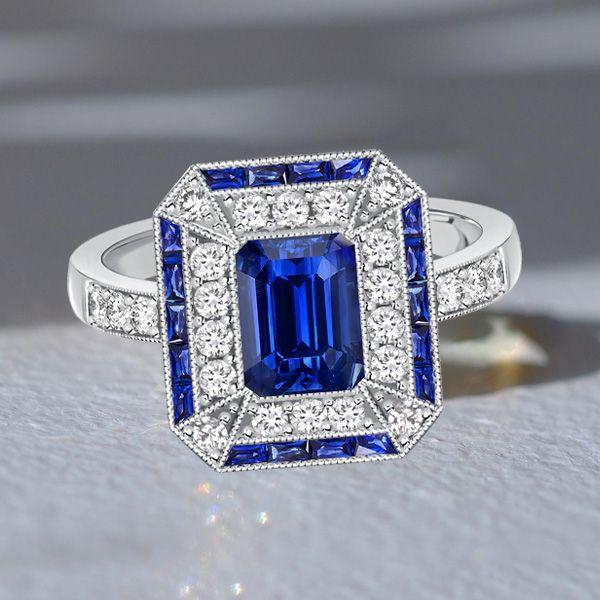 Art Deco Emerald Cut Blue Sapphire Engagement Ring in Sterling Silver
