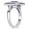 Art Deco Emerald Cut Blue Sapphire Engagement Ring in Sterling Silver