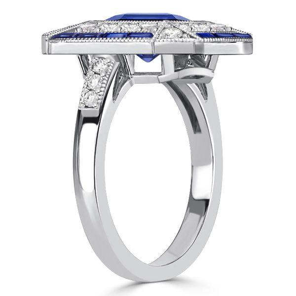 Art Deco Emerald Cut Blue Sapphire Engagement Ring in Sterling Silver