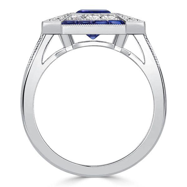 Art Deco Emerald Cut Blue Sapphire Engagement Ring in Sterling Silver