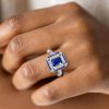 Art Deco Emerald Cut Blue Sapphire Engagement Ring in Sterling Silver