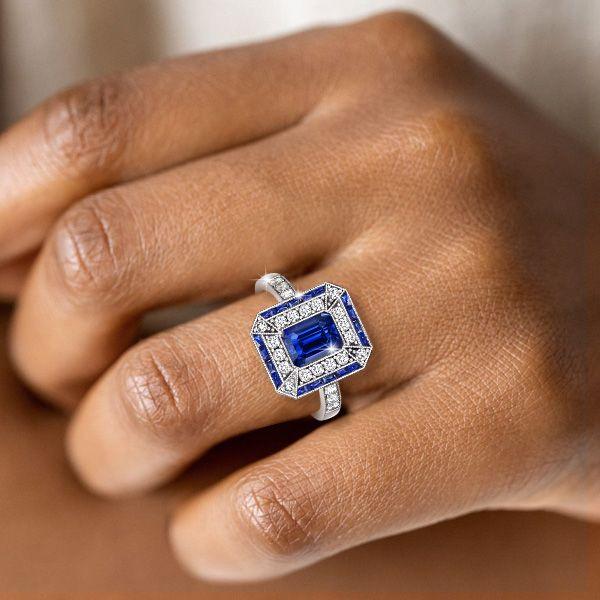 Art Deco Emerald Cut Blue Sapphire Engagement Ring in Sterling Silver