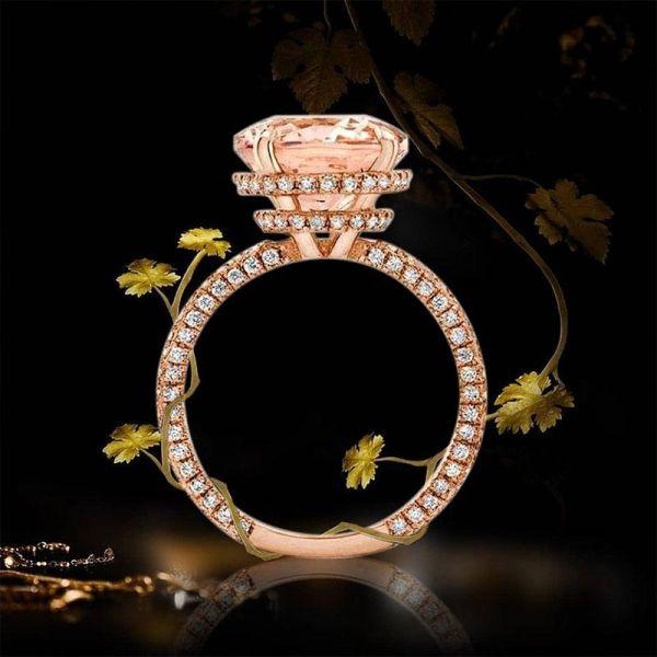 Rose Gold Cushion Cut Champagne Engagement Ring with Double Hidden Halo