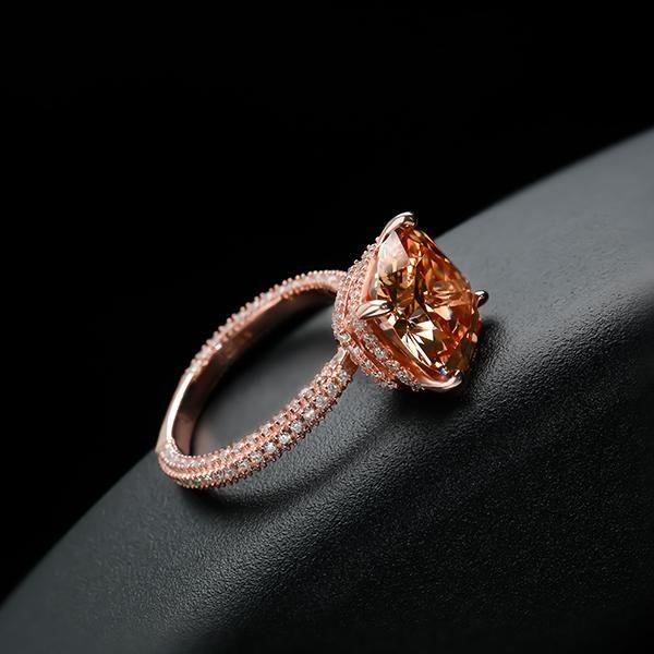 Rose Gold Cushion Cut Champagne Engagement Ring with Double Hidden Halo