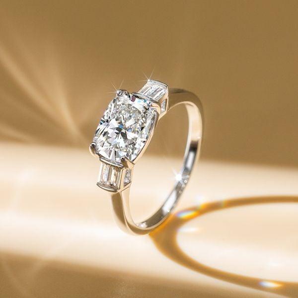 Cushion Cut White Sapphire 3 Stone Engagement Ring in Sterling Silver