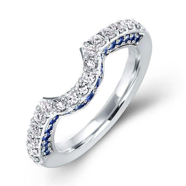 Curved Created Blue and White Sapphire Wedding Band in Sterling Silver
