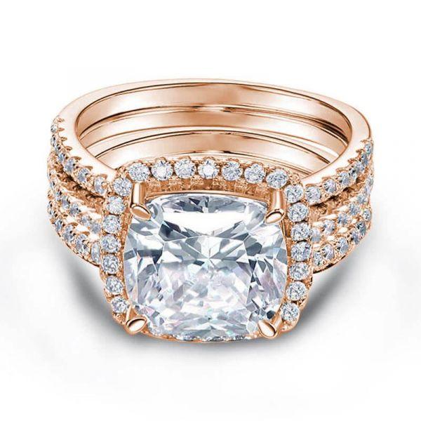 Halo Cushion Cut Rose Gold Wedding Ring Set - 5.5 CT Center Stone
