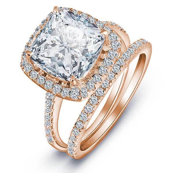Halo Cushion Cut Rose Gold Wedding Ring Set - 5.5 CT Center Stone