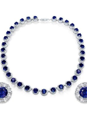 Blue Sapphire Halo Tennis Necklace and Stud Earrings Set - Sterling Silver