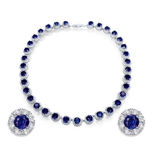 Blue Sapphire Halo Tennis Necklace and Stud Earrings Set - Sterling Silver