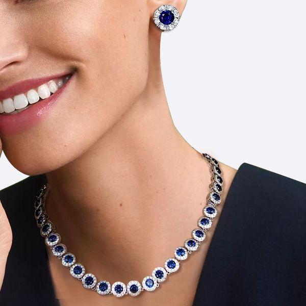 Blue Sapphire Halo Tennis Necklace and Stud Earrings Set - Sterling Silver
