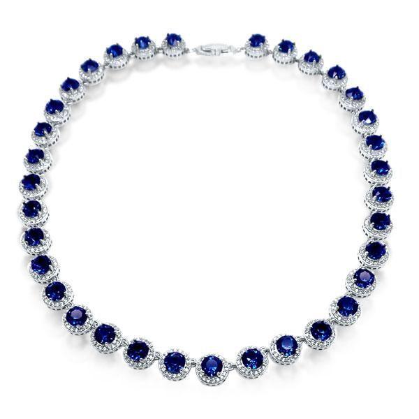 Blue Sapphire Halo Tennis Necklace and Stud Earrings Set - Sterling Silver