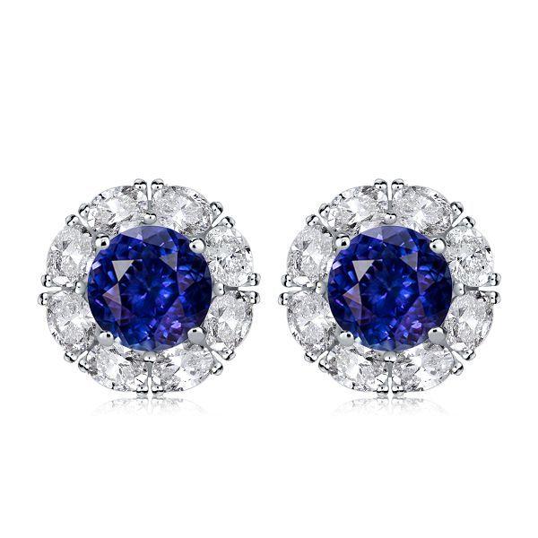 Blue Sapphire Halo Tennis Necklace and Stud Earrings Set - Sterling Silver