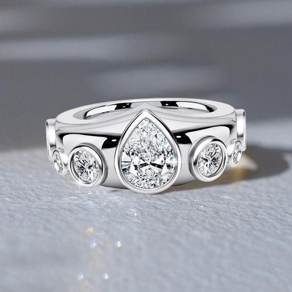 Sterling Silver Half Eternity Band with Bezel Set Pear and Round Cut Stones