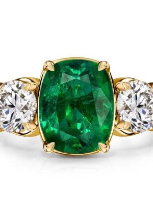 3 Stone Cushion Cut Emerald & Sapphire Engagement Ring, 18K Gold Plated Sterling Silver