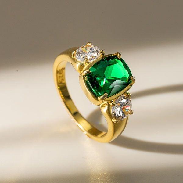 3 Stone Cushion Cut Emerald & Sapphire Engagement Ring, 18K Gold Plated Sterling Silver