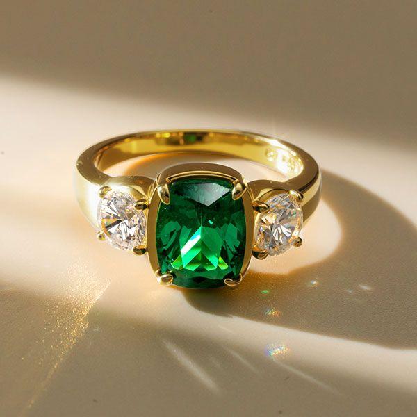 3 Stone Cushion Cut Emerald & Sapphire Engagement Ring, 18K Gold Plated Sterling Silver