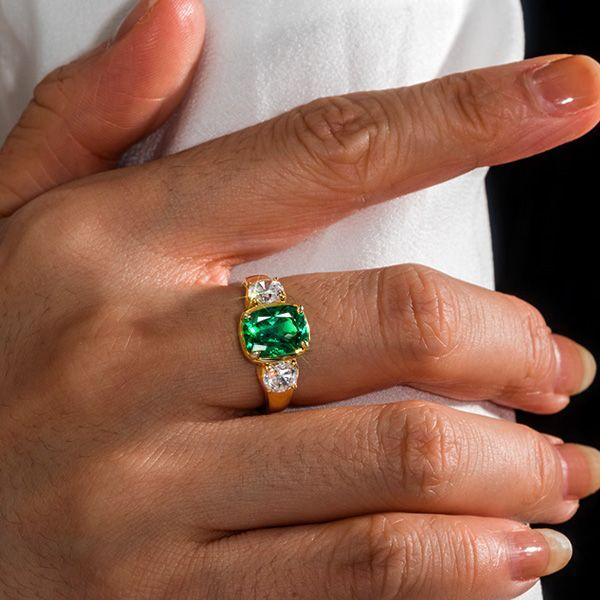 3 Stone Cushion Cut Emerald & Sapphire Engagement Ring, 18K Gold Plated Sterling Silver
