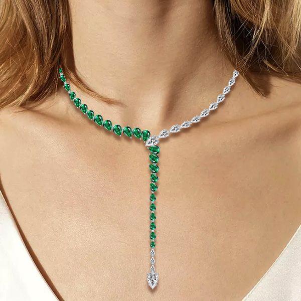 Pear Cut Green Created Sapphire Necklace - 925 Sterling Silver