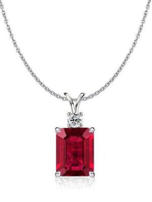 Emerald Cut Emerald and Ruby Pendant Necklace in 925 Sterling Silver