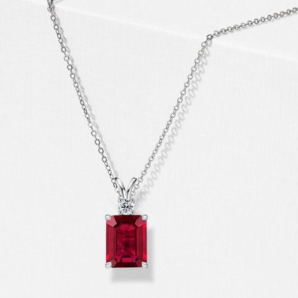 Emerald Cut Emerald and Ruby Pendant Necklace in 925 Sterling Silver