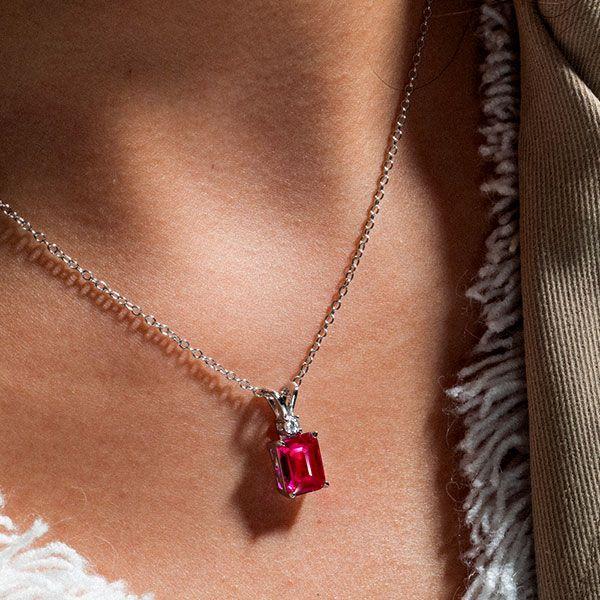 Emerald Cut Emerald and Ruby Pendant Necklace in 925 Sterling Silver