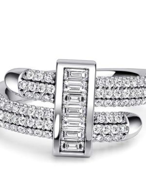 Micro Pave Engagement Ring Sterling Silver Round & Baguette Diamond Alternative Stones