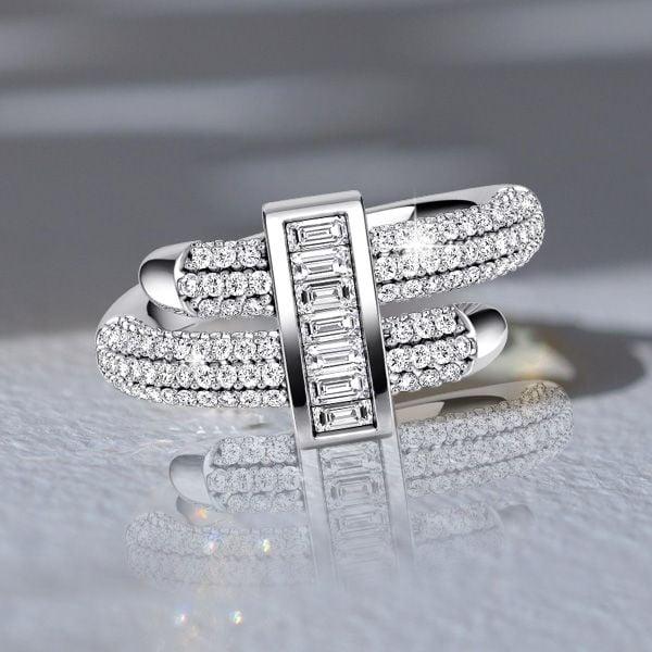Micro Pave Engagement Ring Sterling Silver Round & Baguette Diamond Alternative Stones