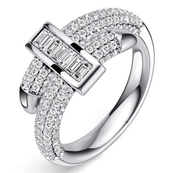 Micro Pave Engagement Ring Sterling Silver Round & Baguette Diamond Alternative Stones