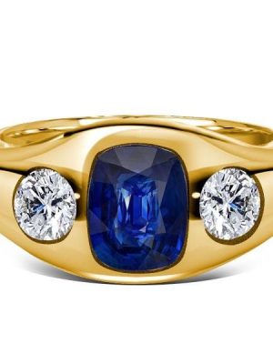 Three Stone Blue Sapphire Cushion Cut Engagement Ring in 18K Gold Plated Sterling Silver