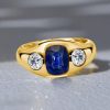 Three Stone Blue Sapphire Cushion Cut Engagement Ring in 18K Gold Plated Sterling Silver