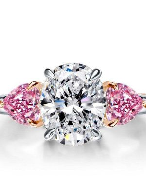 Oval & Heart Cut White Sapphire Three Stone Engagement Ring - Sterling Silver
