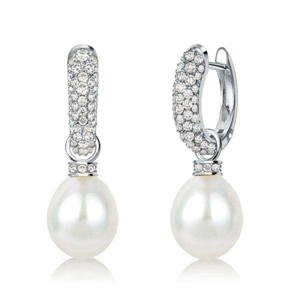 Round Cut Pearl and Silver Drop Earrings for Women, 925 Sterling Silver