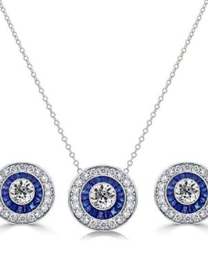 Vintage Style Blue Sapphire Halo Necklace & Earring Set - Sterling Silver