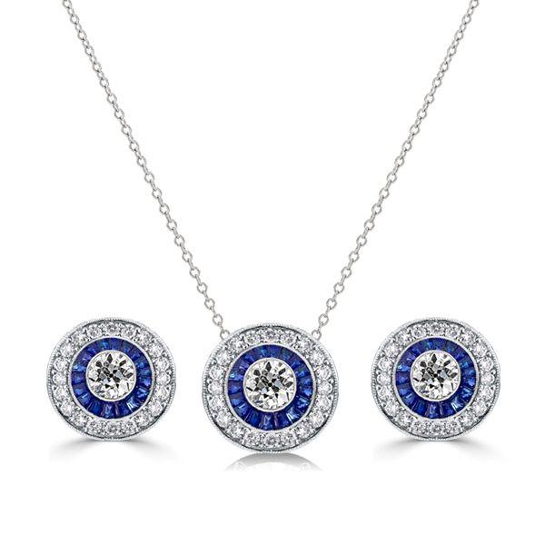 Vintage Style Blue Sapphire Halo Necklace & Earring Set - Sterling Silver