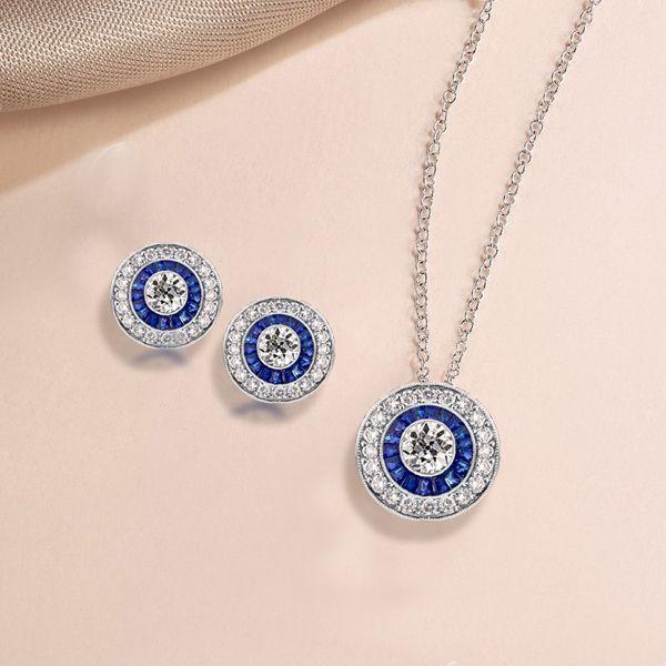 Vintage Style Blue Sapphire Halo Necklace & Earring Set - Sterling Silver