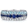 Multi-Row Blue Sapphire and Aquamarine Half Eternity Band Ring in Sterling Silver