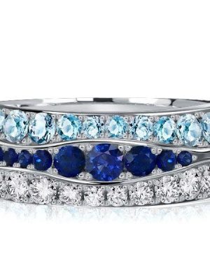 Multi-Row Blue Sapphire and Aquamarine Half Eternity Band Ring in Sterling Silver