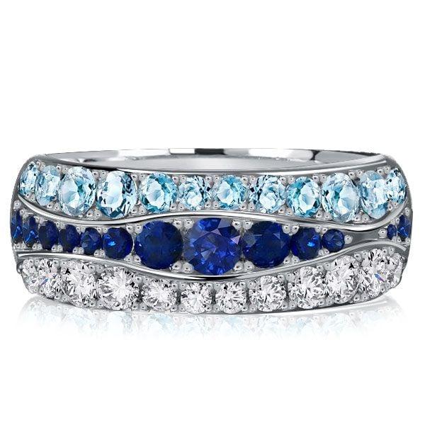 Multi-Row Blue Sapphire and Aquamarine Half Eternity Band Ring in Sterling Silver
