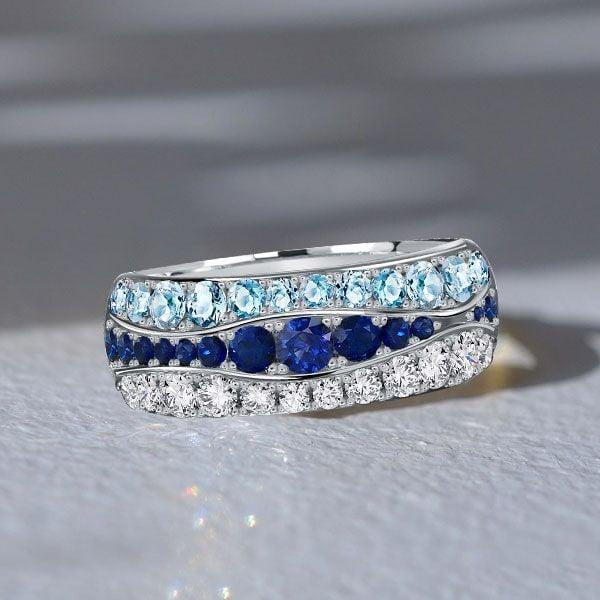 Multi-Row Blue Sapphire and Aquamarine Half Eternity Band Ring in Sterling Silver