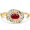 Golden Oval Ruby & Sapphire Halo Promise Ring - 18K Gold Plated Silver
