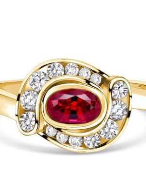Golden Oval Ruby & Sapphire Halo Promise Ring - 18K Gold Plated Silver