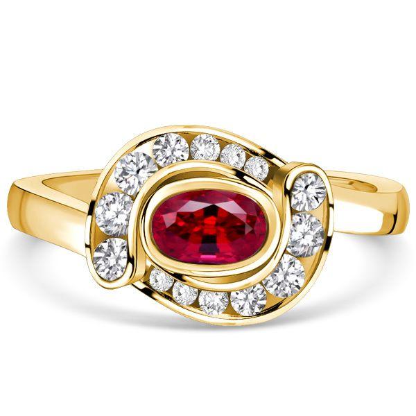 Golden Oval Ruby & Sapphire Halo Promise Ring - 18K Gold Plated Silver