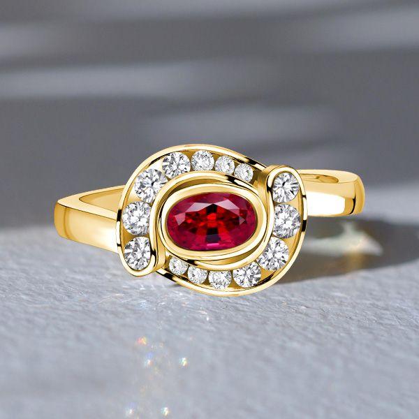 Golden Oval Ruby & Sapphire Halo Promise Ring - 18K Gold Plated Silver