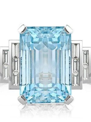 Emerald Cut Aquamarine Engagement Ring in Split Shank 925 Sterling Silver