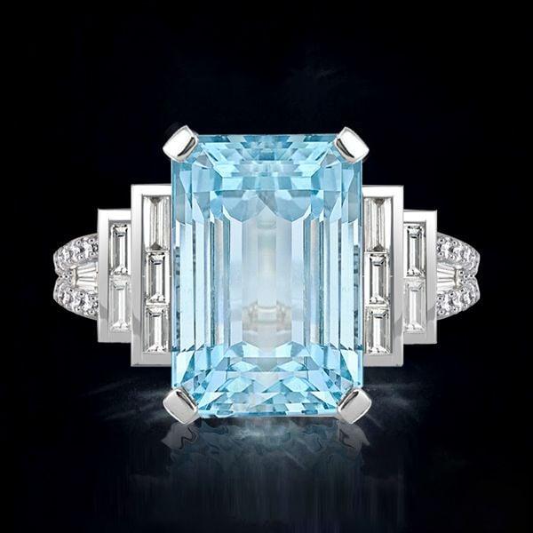 Emerald Cut Aquamarine Engagement Ring in Split Shank 925 Sterling Silver