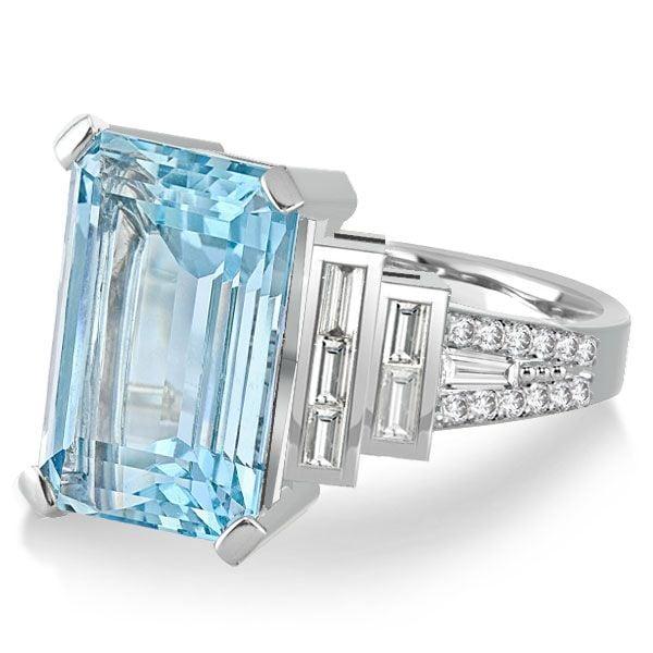Emerald Cut Aquamarine Engagement Ring in Split Shank 925 Sterling Silver