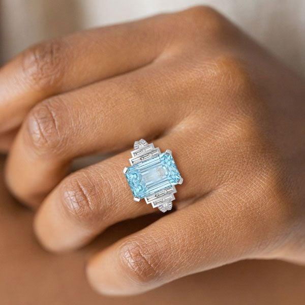 Emerald Cut Aquamarine Engagement Ring in Split Shank 925 Sterling Silver